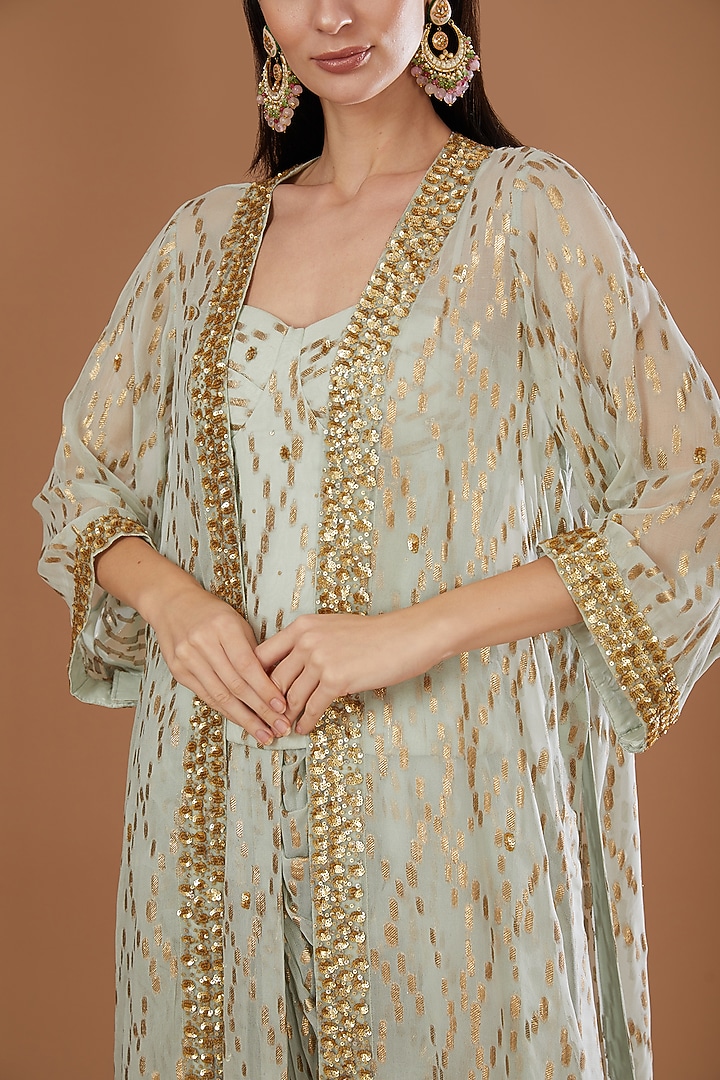 Mint Green Lurex Georgette Sequins Embroidered & Handwoven Printed Banarasi Cape Set by Kisneel by Pam at Pernia's Pop Up Shop
