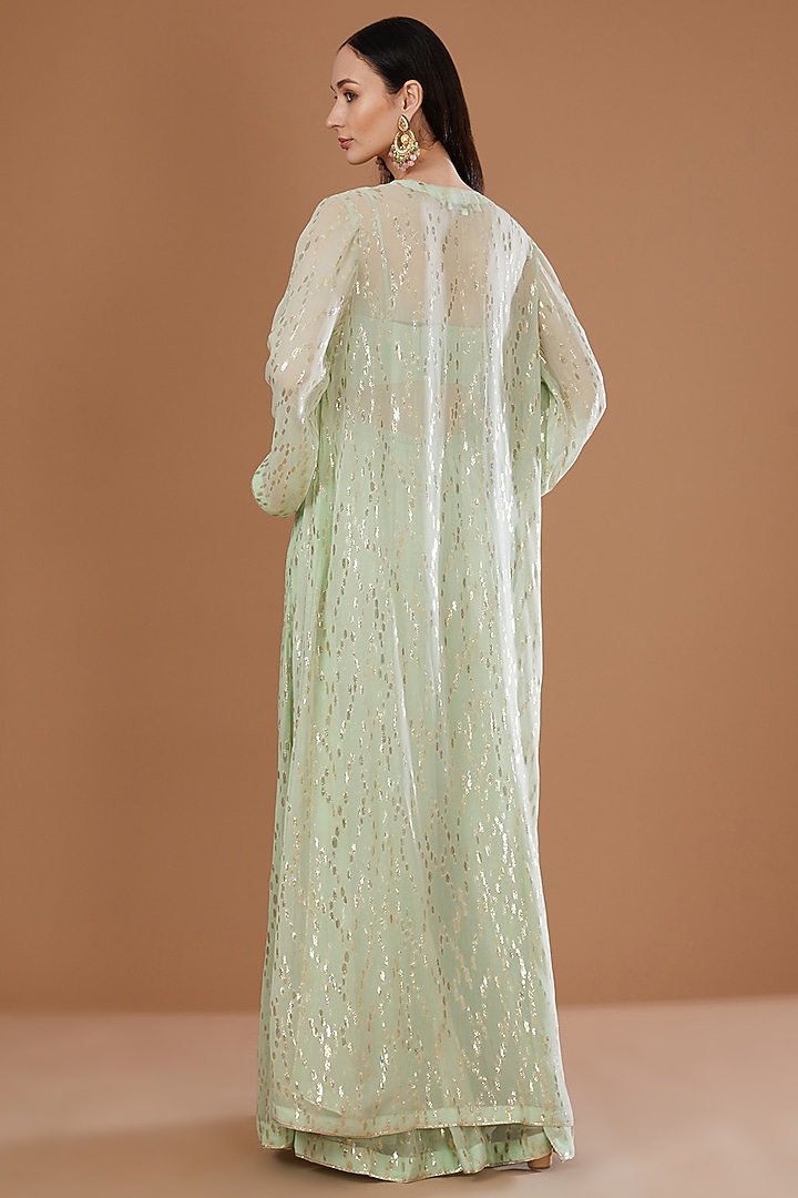 Mint Green Lurex Georgette Sequins Embroidered & Handwoven Printed Banarasi Cape Set by Kisneel by Pam at Pernia's Pop Up Shop