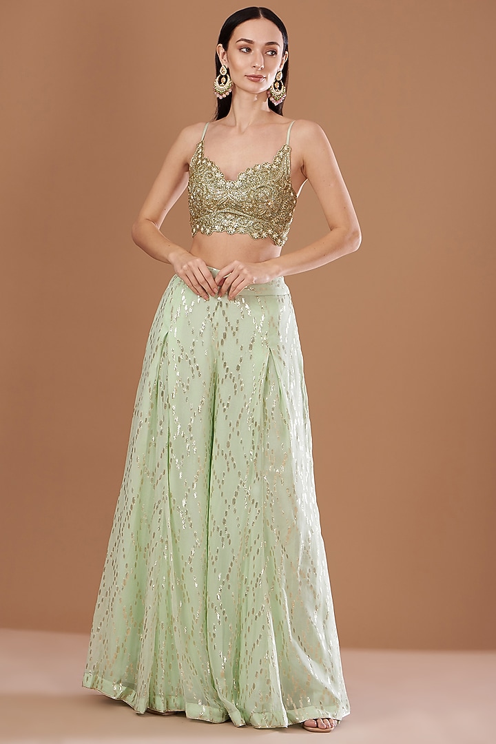Mint Green Lurex Georgette Sequins Embroidered & Handwoven Printed Banarasi Cape Set by Kisneel by Pam at Pernia's Pop Up Shop