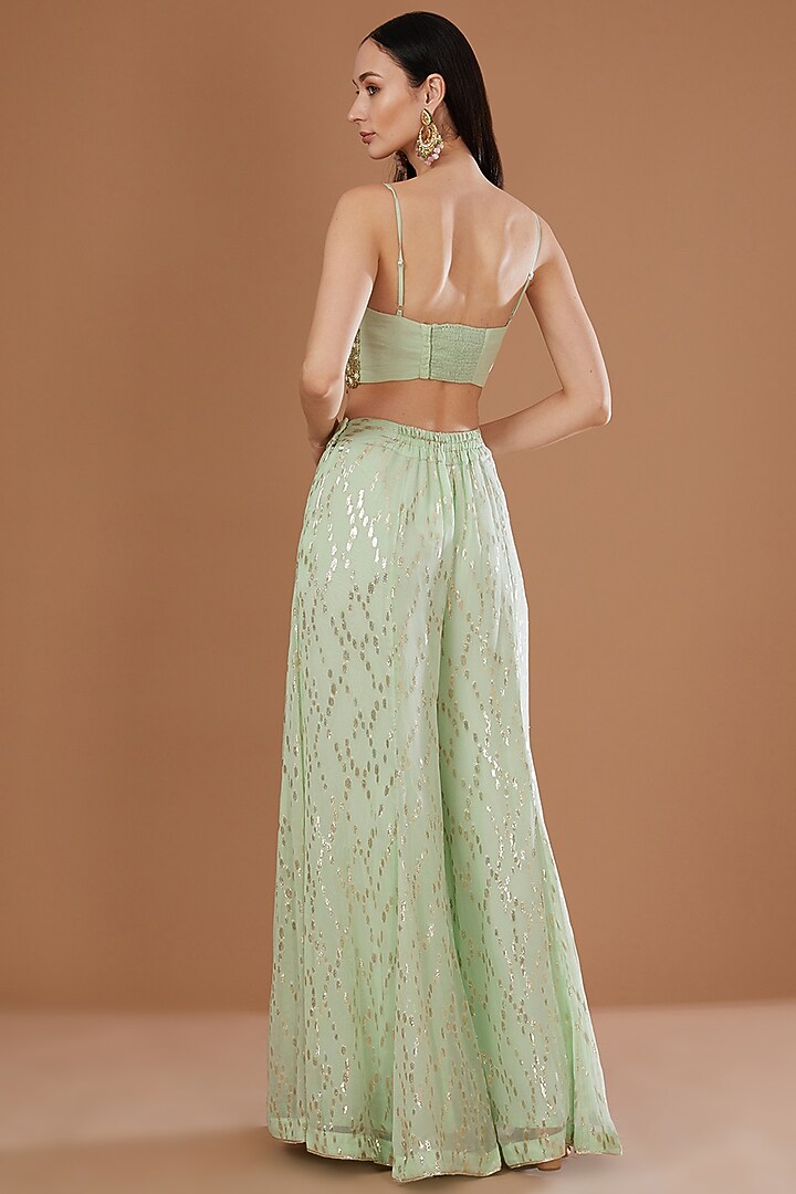 Mint Green Lurex Georgette Sequins Embroidered & Handwoven Printed Banarasi Cape Set by Kisneel by Pam at Pernia's Pop Up Shop