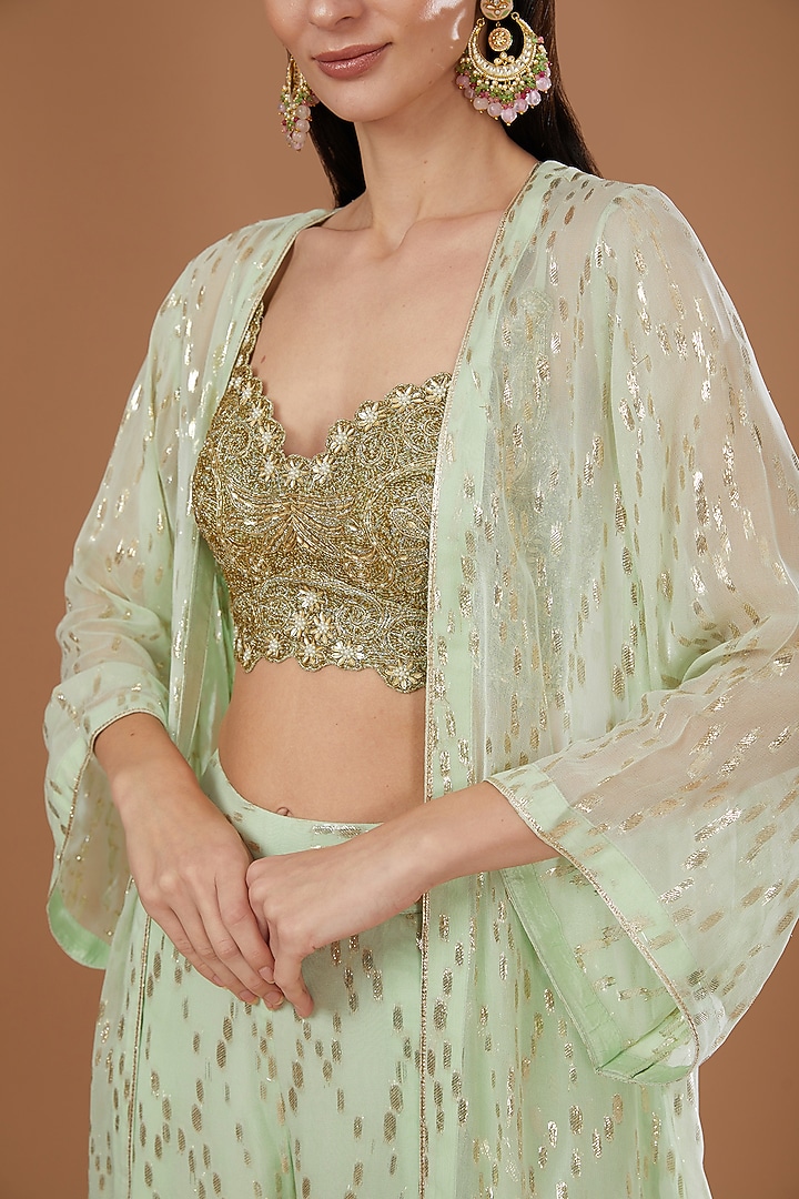 Mint Green Lurex Georgette Sequins Embroidered & Handwoven Printed Banarasi Cape Set by Kisneel by Pam at Pernia's Pop Up Shop