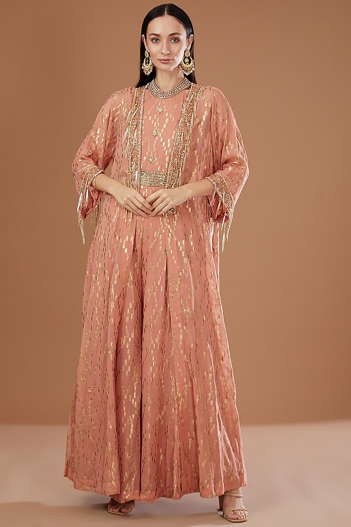 Peach Lurex Georgette Sequins Embroidered & Handwoven Printed Banarasi Jumpsuit With Cape by Kisneel by Pam at Pernia's Pop Up Shop