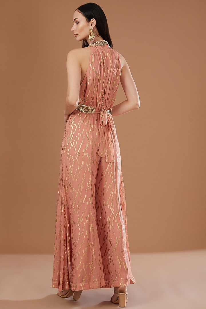Peach Lurex Georgette Sequins Embroidered & Handwoven Printed Banarasi Jumpsuit With Cape by Kisneel by Pam at Pernia's Pop Up Shop