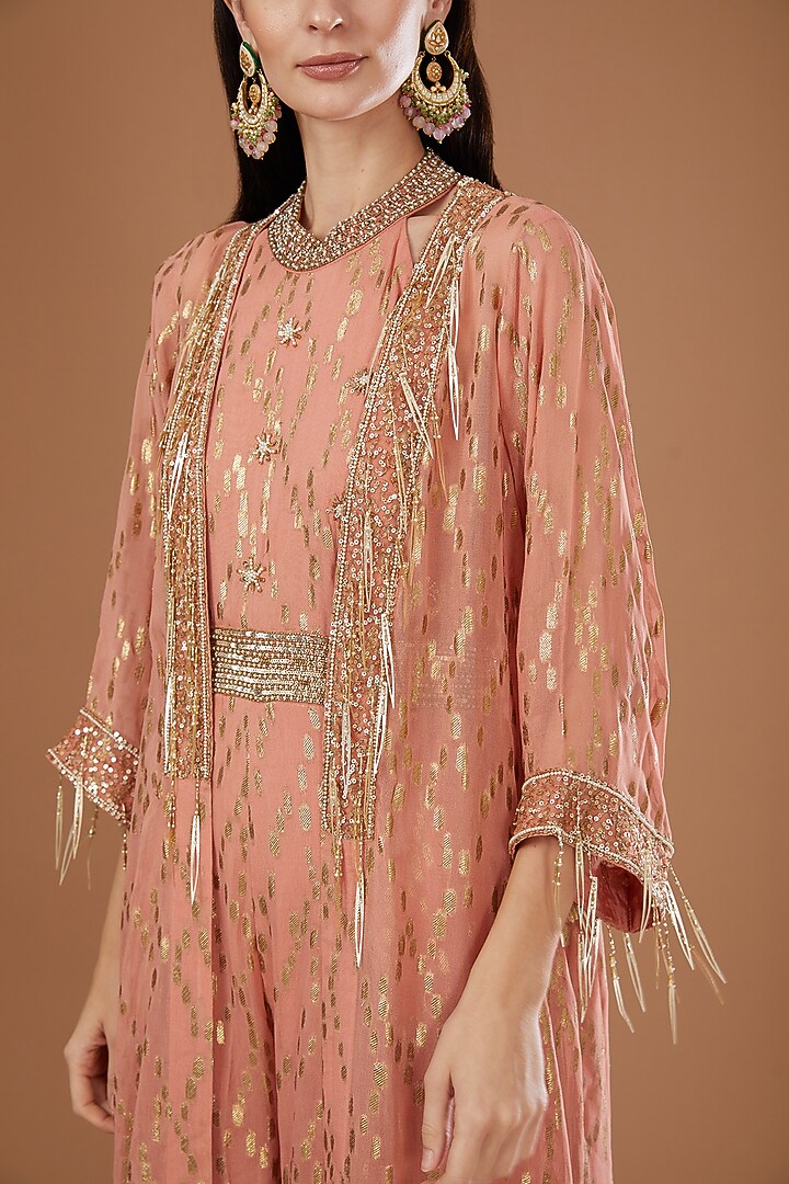 Peach Lurex Georgette Sequins Embroidered & Handwoven Printed Banarasi Jumpsuit With Cape by Kisneel by Pam at Pernia's Pop Up Shop