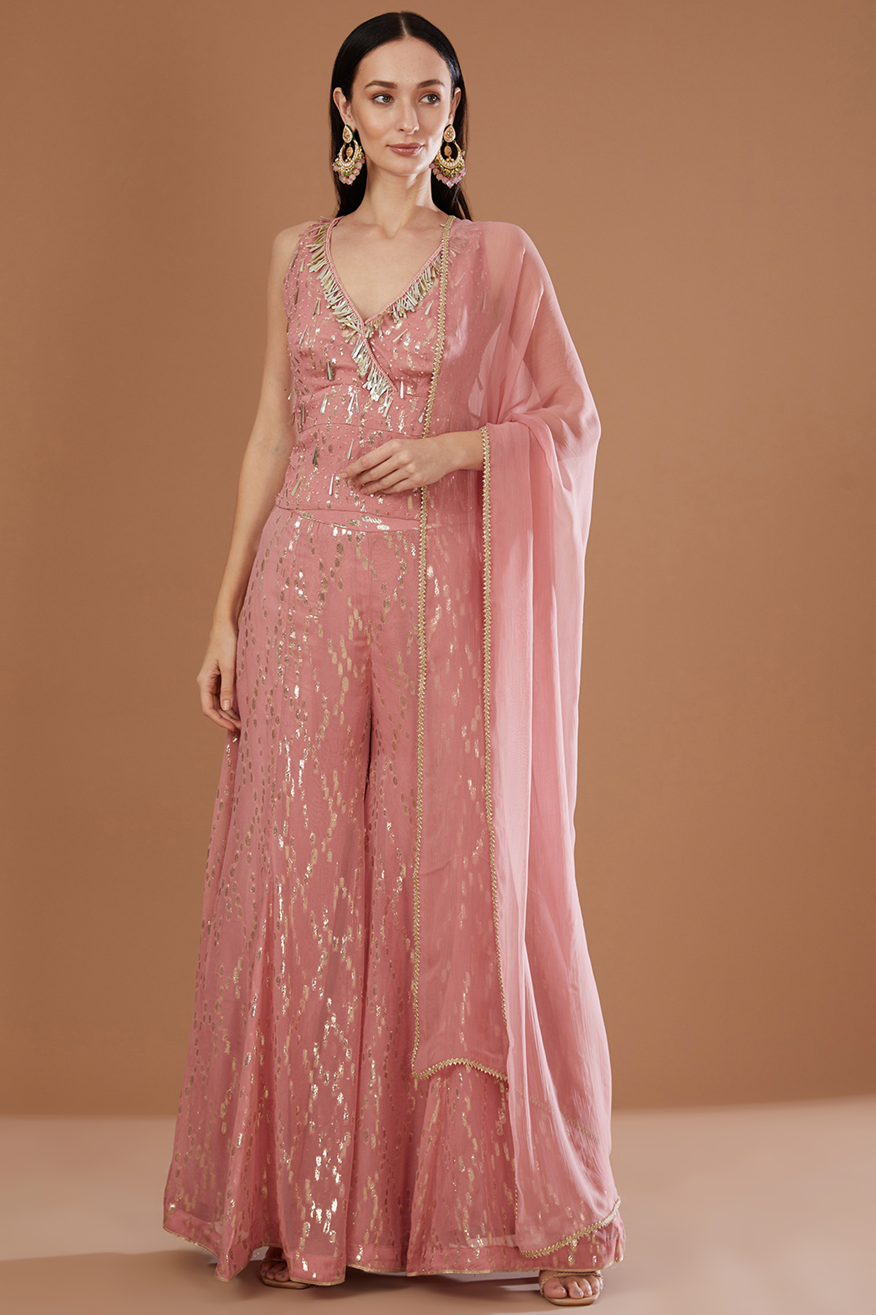 Pink Lurex Georgette Sequins Embroidered & Handwoven Printed Wide-Legged Pant Set by Kisneel by Pam at Pernia's Pop Up Shop