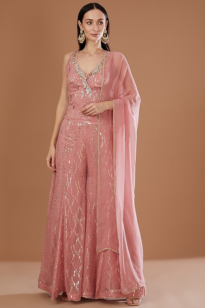 Pink Lurex Georgette Sequins Embroidered & Handwoven Printed Wide-Legged Pant Set by Kisneel by Pam at Pernia's Pop Up Shop