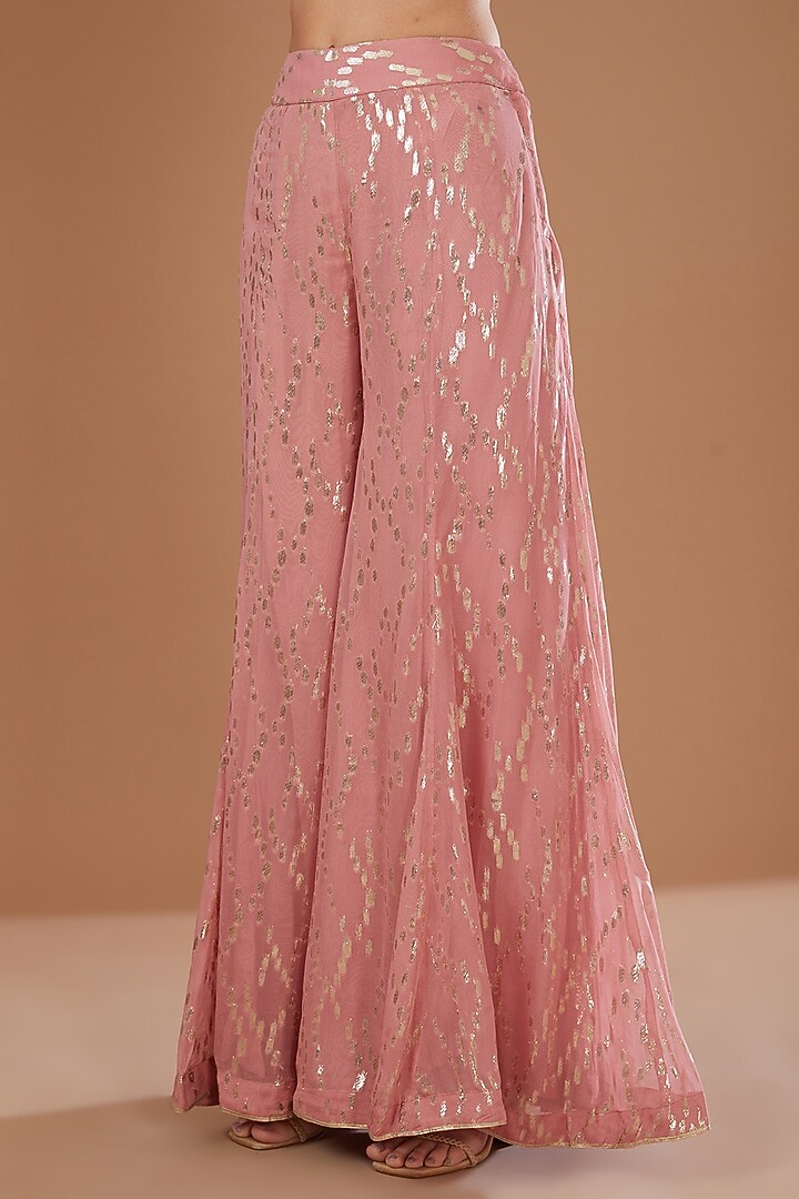 Pink Lurex Georgette Sequins Embroidered & Handwoven Printed Wide-Legged Pant Set by Kisneel by Pam at Pernia's Pop Up Shop