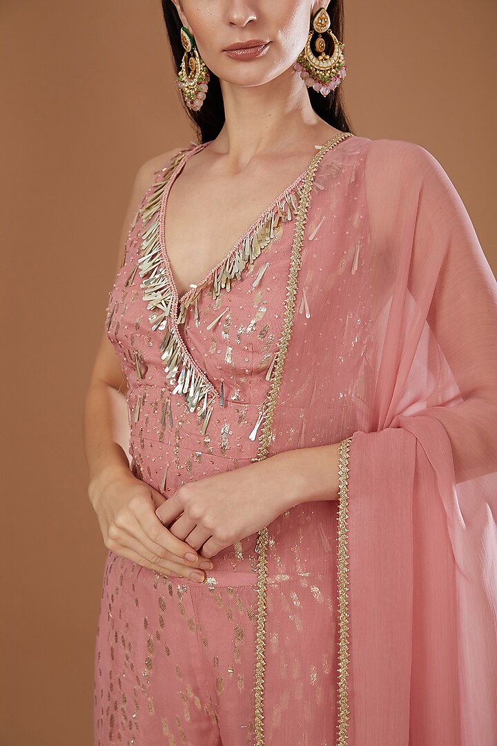 Pink Lurex Georgette Sequins Embroidered & Handwoven Printed Wide-Legged Pant Set by Kisneel by Pam at Pernia's Pop Up Shop