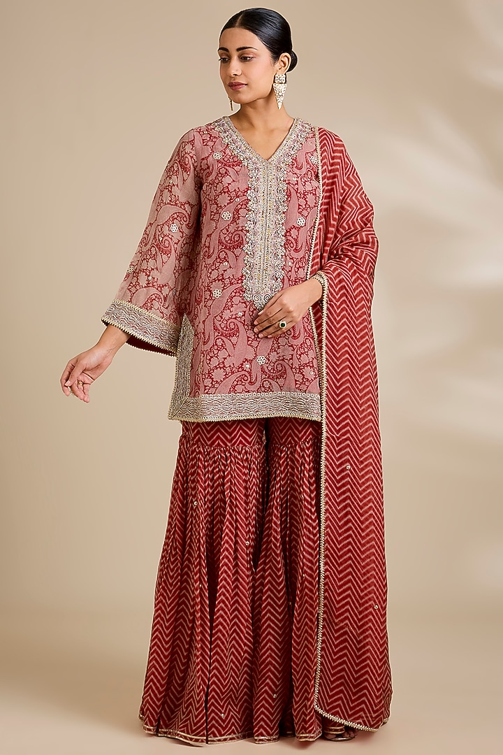 Red Organza Printed Wedding Sharara Set by Kisneel by Pam at Pernia's Pop Up Shop