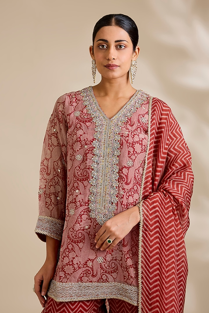 Red Organza Printed Wedding Sharara Set by Kisneel by Pam at Pernia's Pop Up Shop