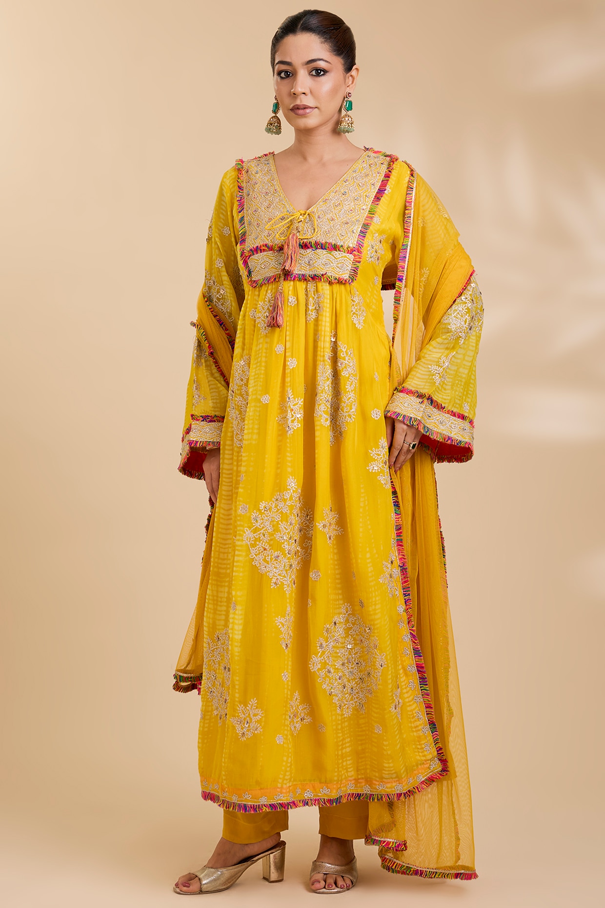 Kisneel by Pam Yellow Organza Embroidered Kurta Set