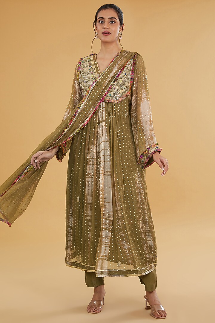 Olive Green Chiffon Mirror Embroidered Tie & Dye Kurta Set by Kisneel by Pam at Pernia's Pop Up Shop