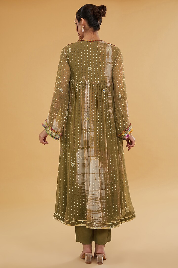 Olive Green Chiffon Mirror Embroidered Tie & Dye Kurta Set by Kisneel by Pam at Pernia's Pop Up Shop
