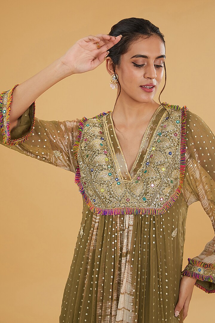 Olive Green Chiffon Mirror Embroidered Tie & Dye Kurta Set by Kisneel by Pam at Pernia's Pop Up Shop