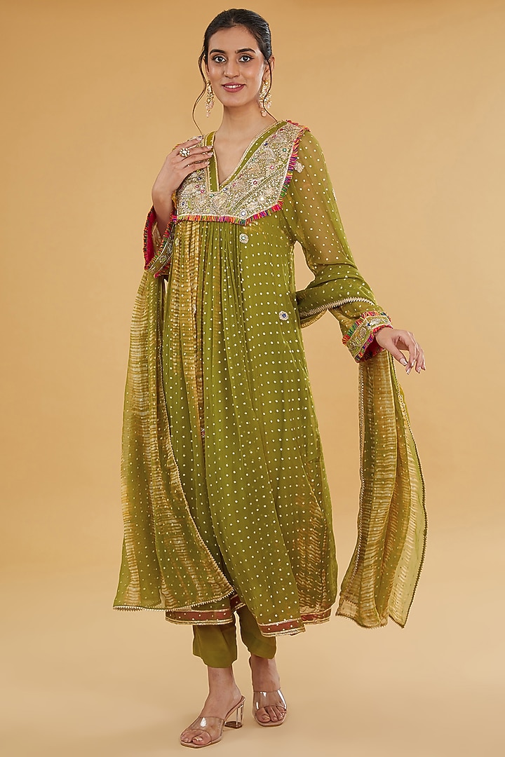 Olive Green Chiffon Mirror Embroidered Tie & Dye Kurta Set by Kisneel by Pam at Pernia's Pop Up Shop