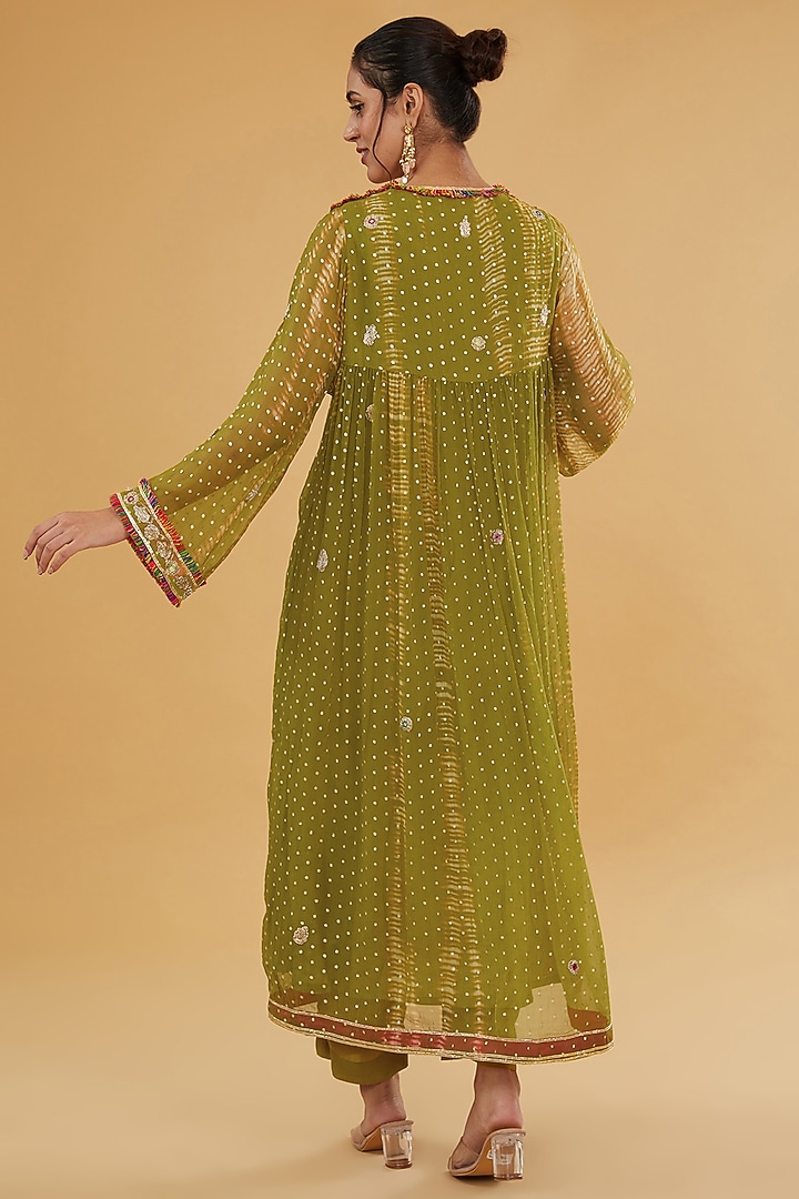 Olive Green Chiffon Mirror Embroidered Tie & Dye Kurta Set by Kisneel by Pam at Pernia's Pop Up Shop