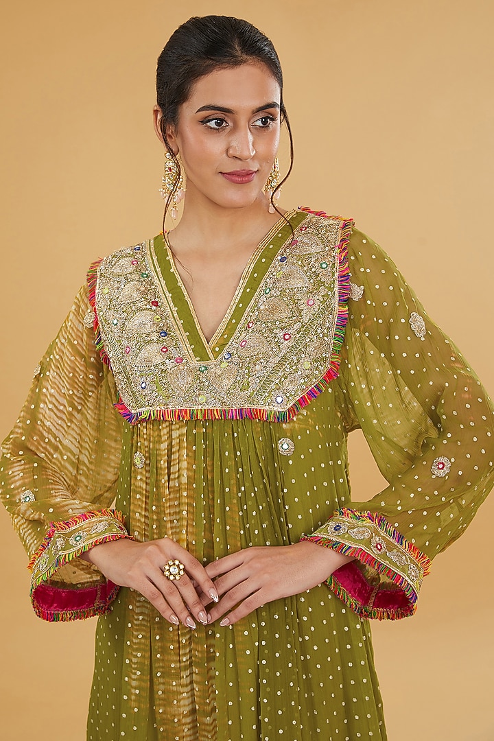Olive Green Chiffon Mirror Embroidered Tie & Dye Kurta Set by Kisneel by Pam at Pernia's Pop Up Shop