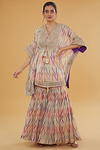 Multi-Colored Organza Ikat Printed Gharara Set by Kisneel by Pam