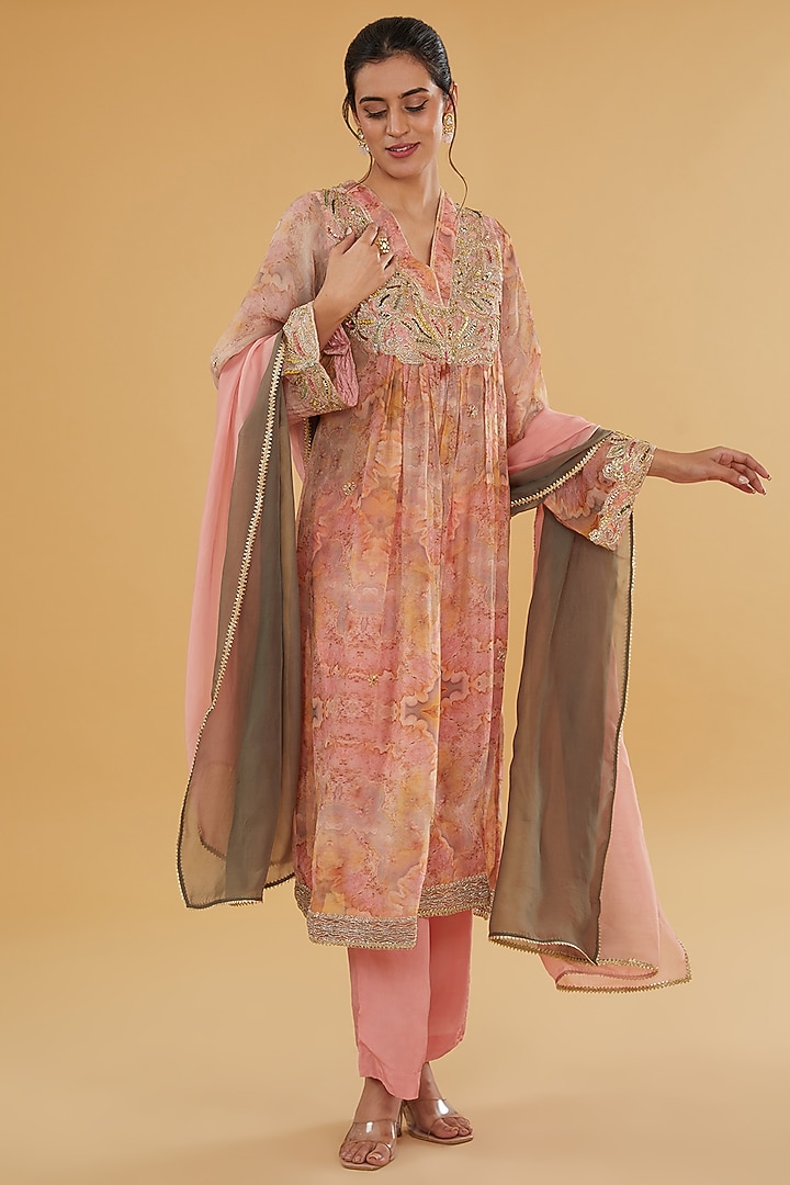 Pink Organza Sequins Embroidered & Marble Printed Kurta Set by Kisneel by Pam at Pernia's Pop Up Shop