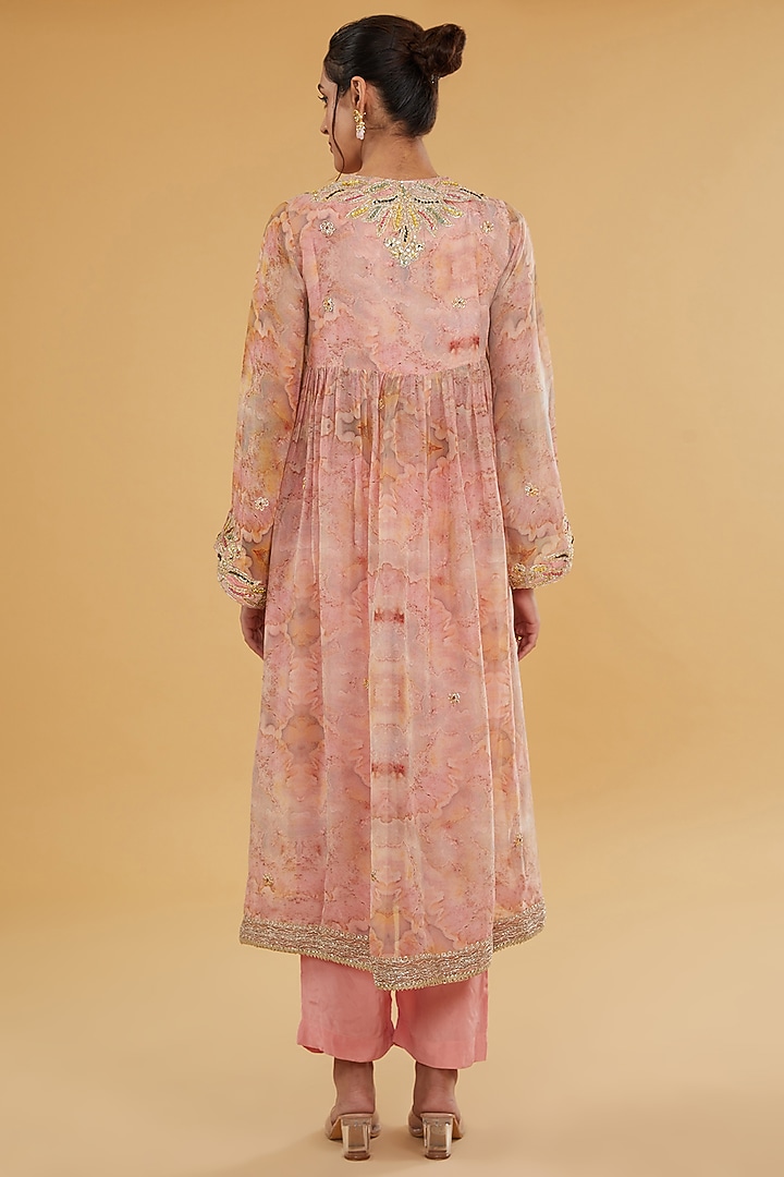 Pink Organza Sequins Embroidered & Marble Printed Kurta Set by Kisneel by Pam at Pernia's Pop Up Shop