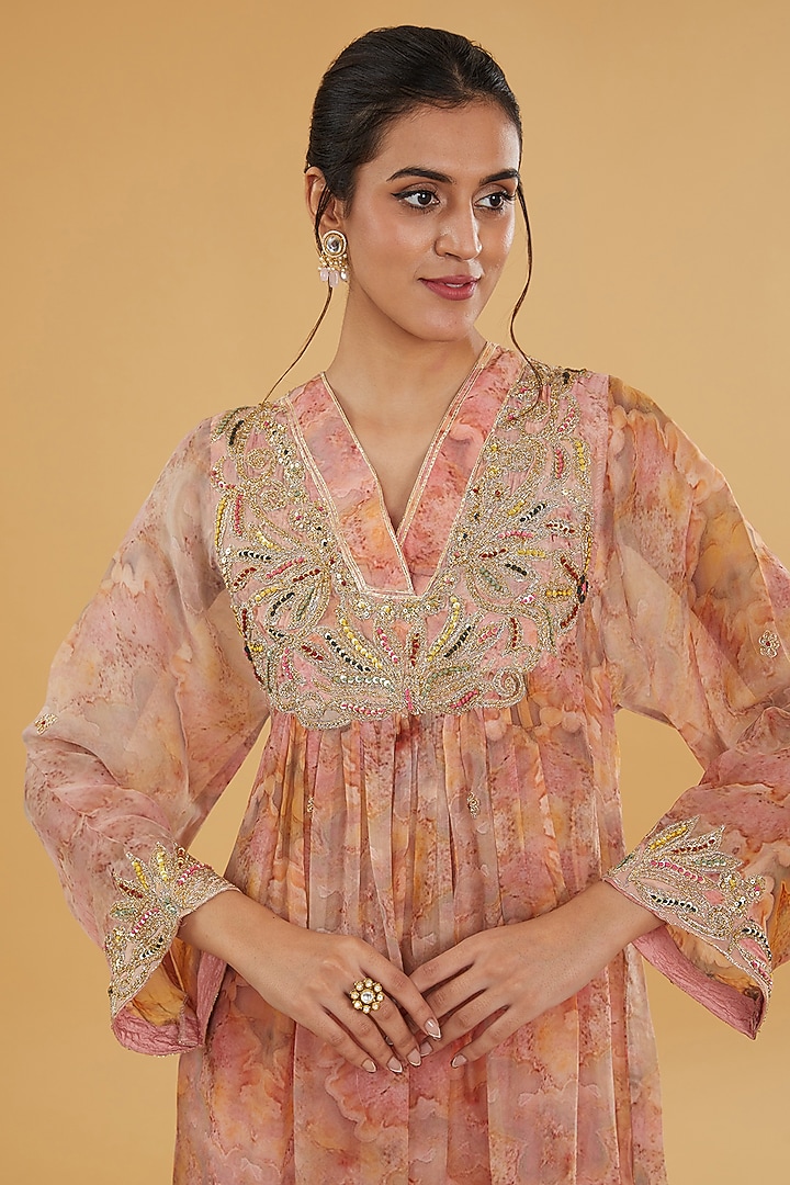 Pink Organza Sequins Embroidered & Marble Printed Kurta Set by Kisneel by Pam at Pernia's Pop Up Shop