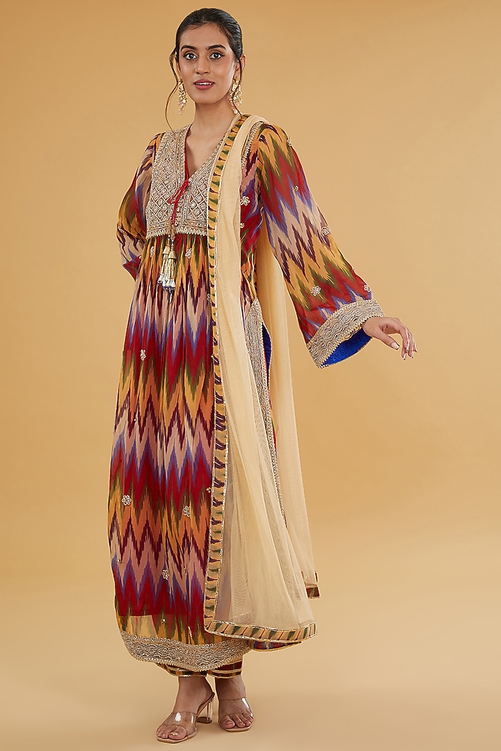 Multi-Colored Organza Ikat Printed & Dori Embroidered Kurta Set by Kisneel by Pam at Pernia's Pop Up Shop