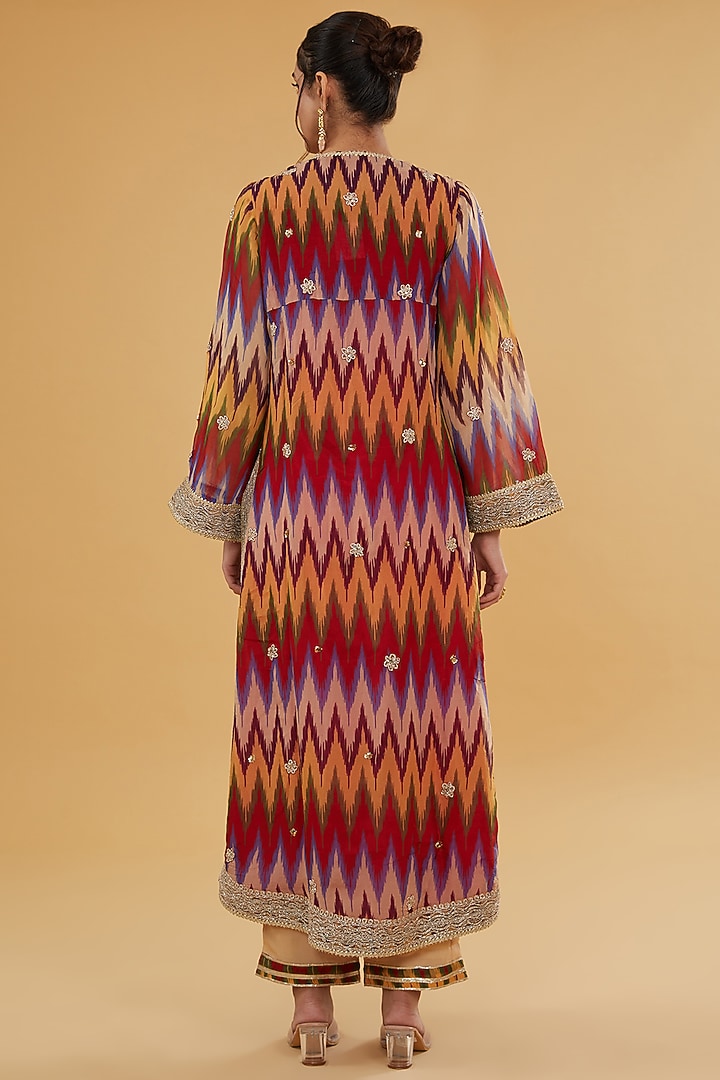Multi-Colored Organza Ikat Printed & Dori Embroidered Kurta Set by Kisneel by Pam at Pernia's Pop Up Shop