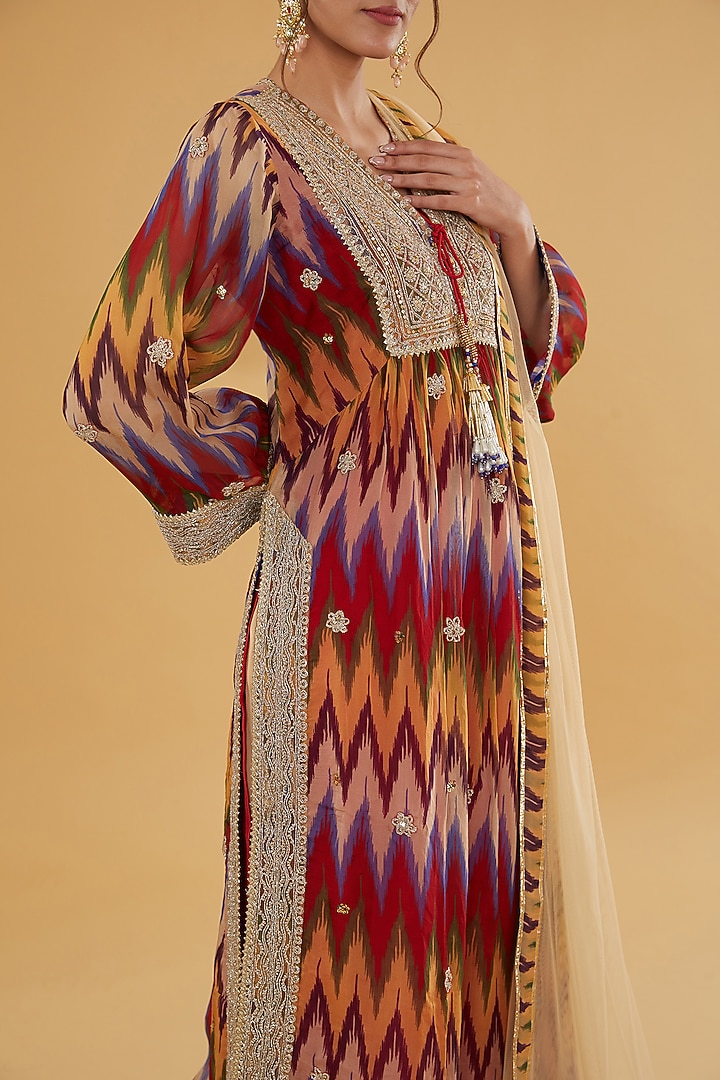 Multi-Colored Organza Ikat Printed & Dori Embroidered Kurta Set by Kisneel by Pam at Pernia's Pop Up Shop