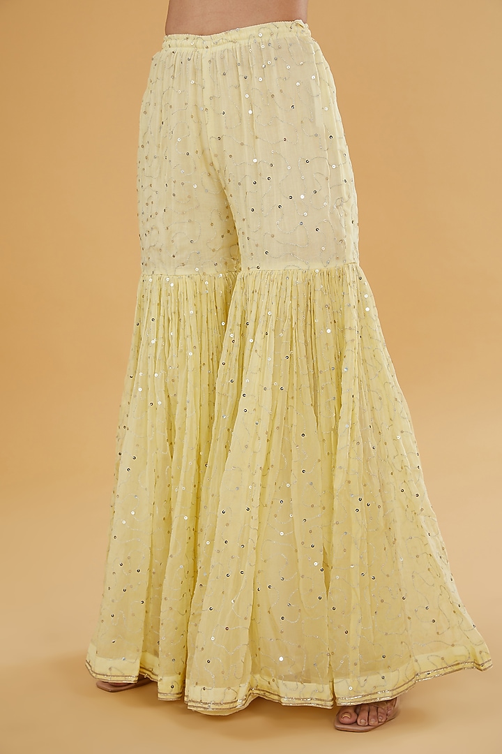 Lemon Yellow Organza Sequins Embroidered Gharara Set by Kisneel by Pam at Pernia's Pop Up Shop