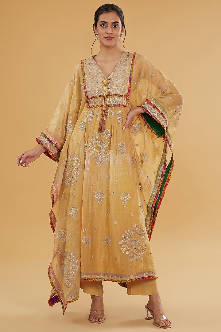 Gold Organza Aari Embroidered Kaftan Set by Kisneel by Pam at Pernia's Pop Up Shop