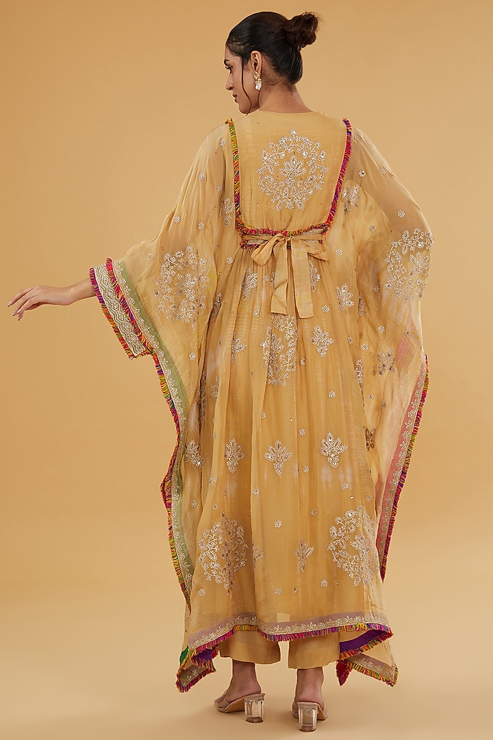 Gold Organza Aari Embroidered Kaftan Set by Kisneel by Pam at Pernia's Pop Up Shop