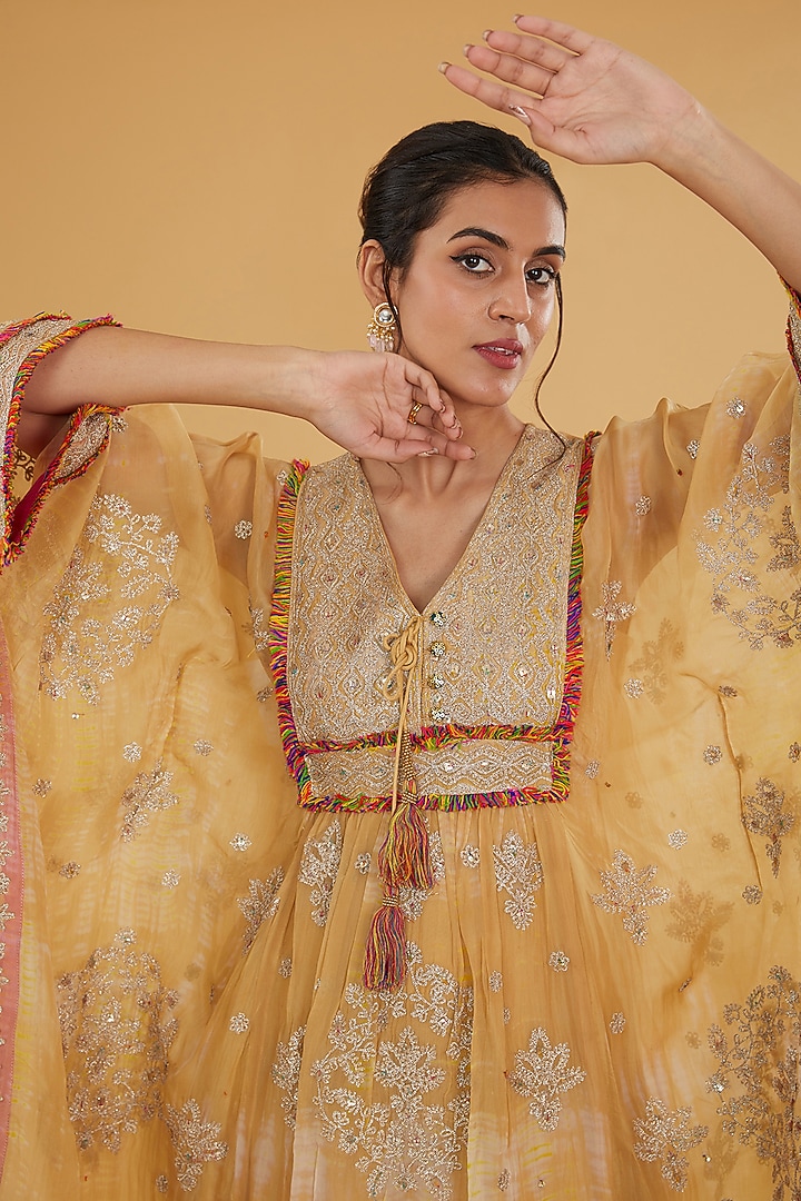 Gold Organza Aari Embroidered Kaftan Set by Kisneel by Pam at Pernia's Pop Up Shop
