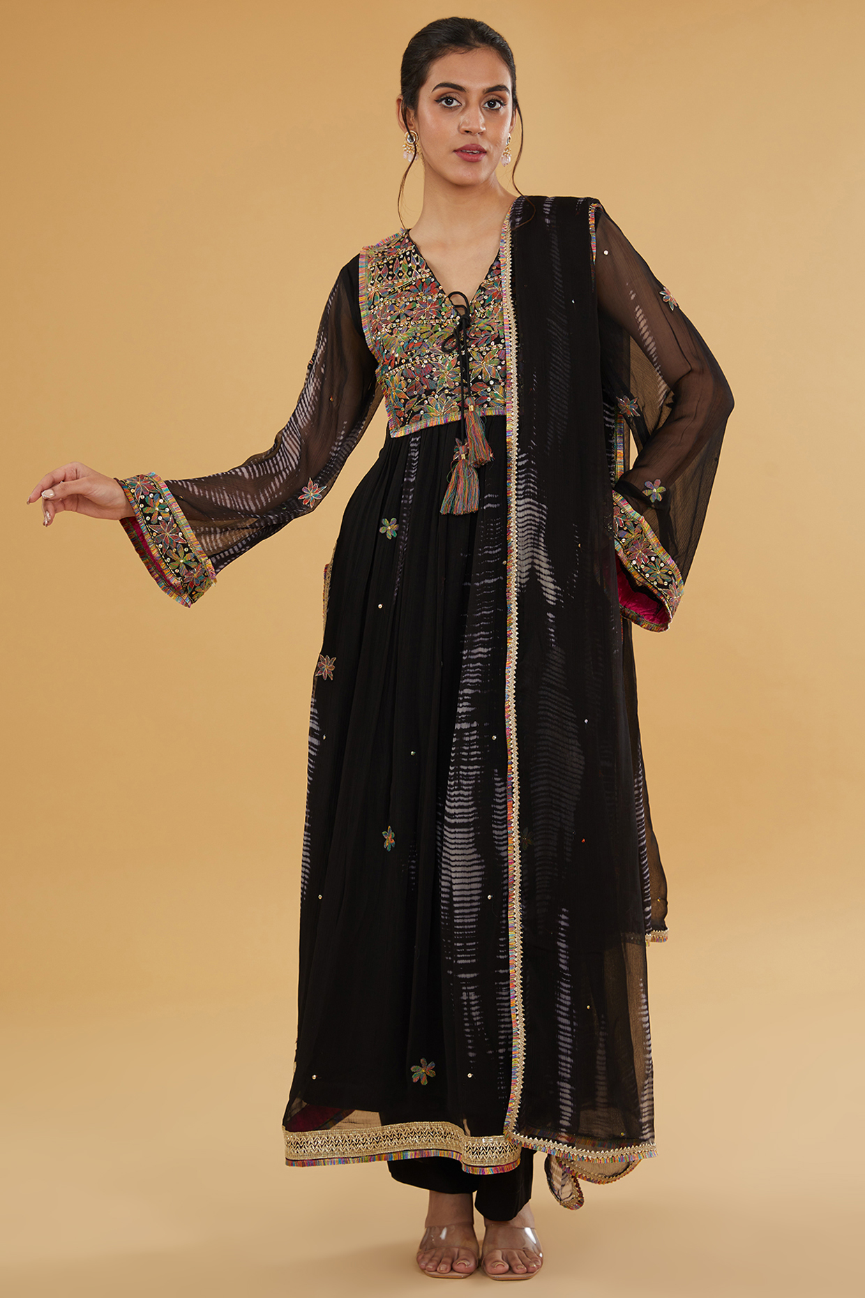 Black Chiffon Thread Embroidered Kurta Set by Kisneel by Pam at Pernia's Pop Up Shop