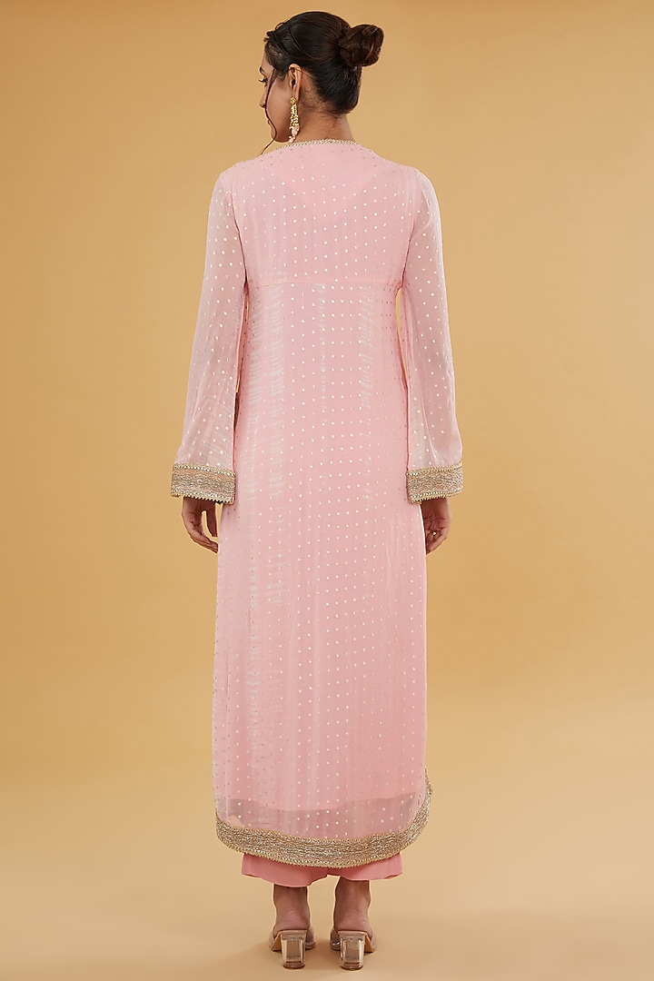 Candy Pink Chiffon Foil Printed Tie & Dye Kurta Set by Kisneel by Pam at Pernia's Pop Up Shop