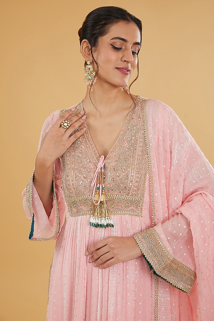 Candy Pink Chiffon Foil Printed Tie & Dye Kurta Set by Kisneel by Pam at Pernia's Pop Up Shop
