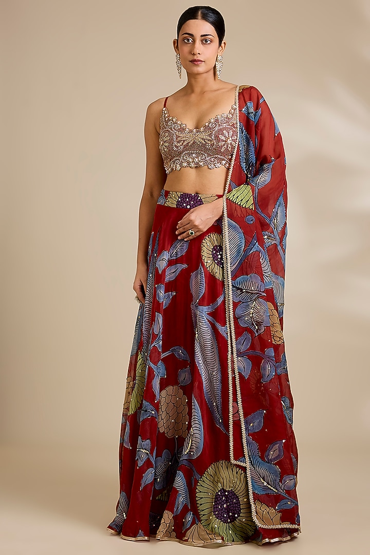 Red Organza Kalamkari Printed Wedding Lehenga Set by Kisneel by Pam at Pernia's Pop Up Shop