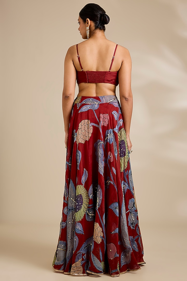 Red Organza Kalamkari Printed Wedding Lehenga Set by Kisneel by Pam at Pernia's Pop Up Shop