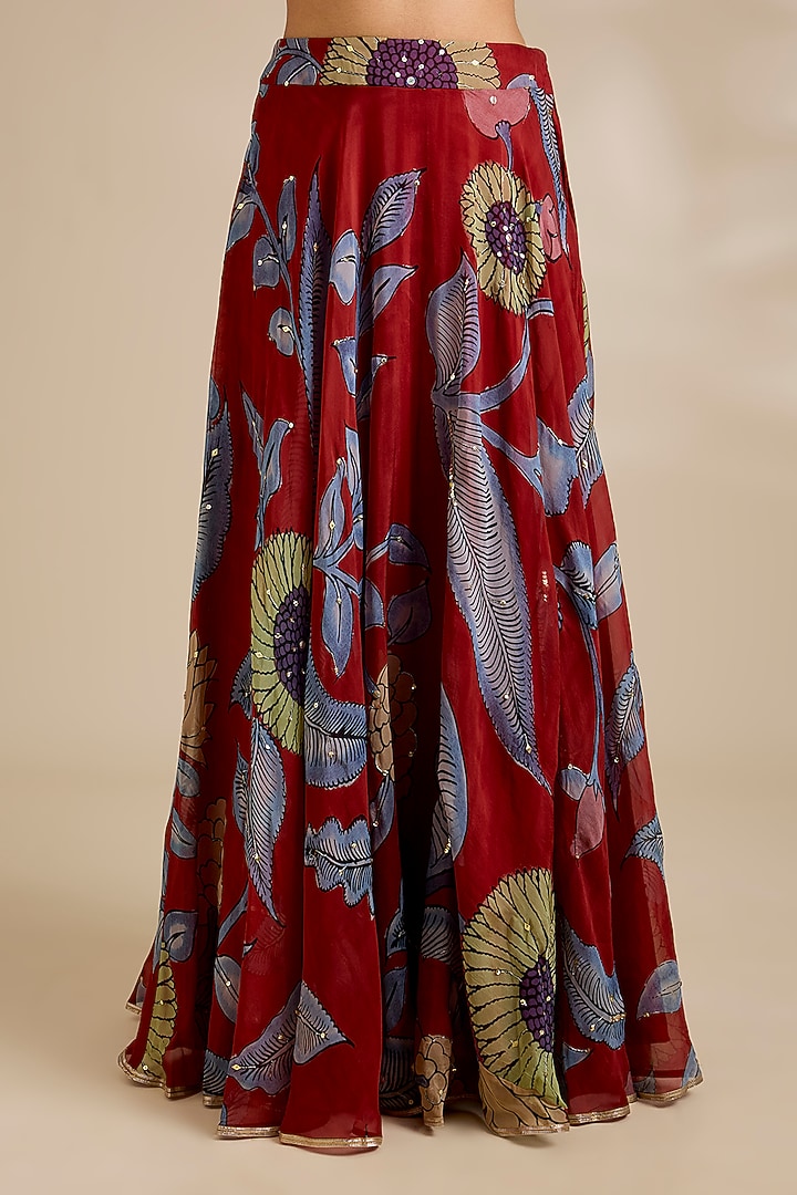 Red Organza Kalamkari Printed Wedding Lehenga Set by Kisneel by Pam at Pernia's Pop Up Shop