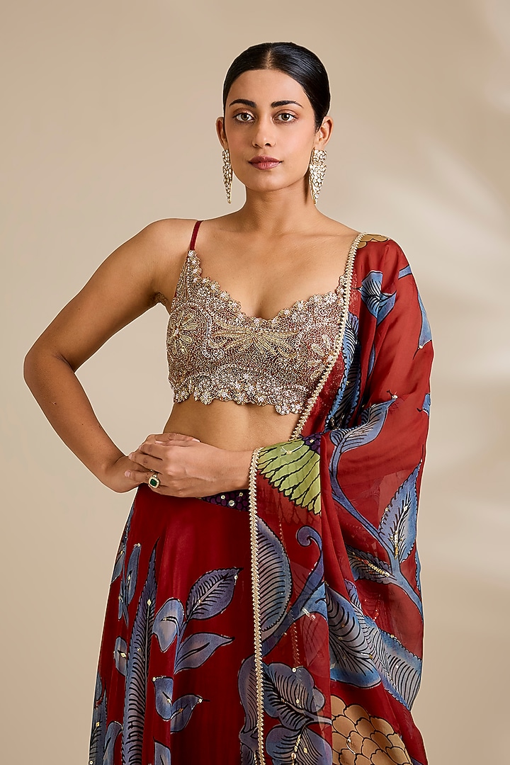 Red Organza Kalamkari Printed Wedding Lehenga Set by Kisneel by Pam at Pernia's Pop Up Shop