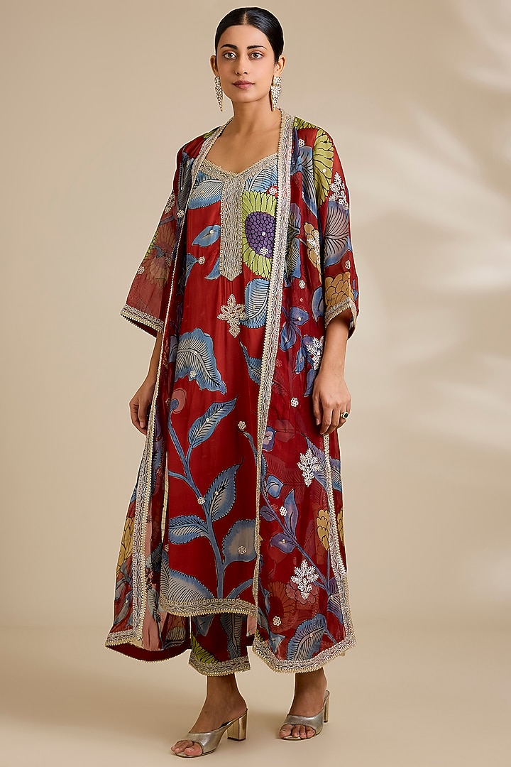Red Viscose Kalamkari Printed Jacket Set by Kisneel by Pam at Pernia's Pop Up Shop