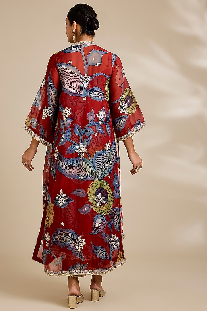 Red Viscose Kalamkari Printed Jacket Set by Kisneel by Pam at Pernia's Pop Up Shop