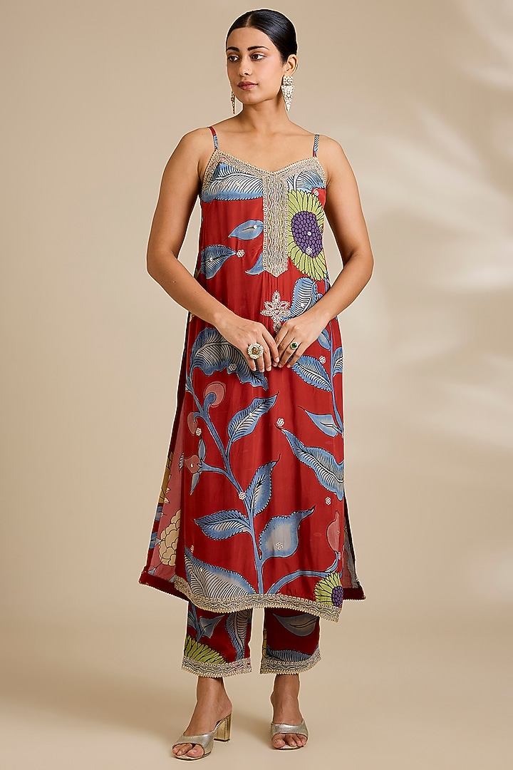 Red Viscose Kalamkari Printed Jacket Set by Kisneel by Pam at Pernia's Pop Up Shop