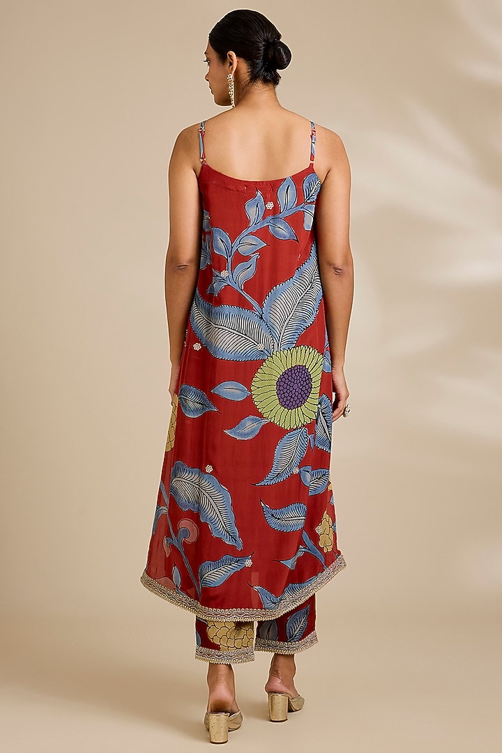 Red Viscose Kalamkari Printed Jacket Set by Kisneel by Pam at Pernia's Pop Up Shop