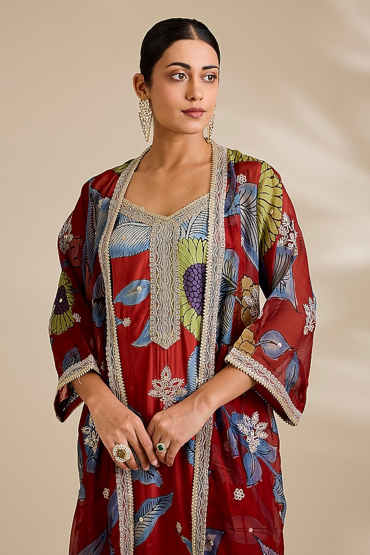 Red Viscose Kalamkari Printed Jacket Set by Kisneel by Pam at Pernia's Pop Up Shop
