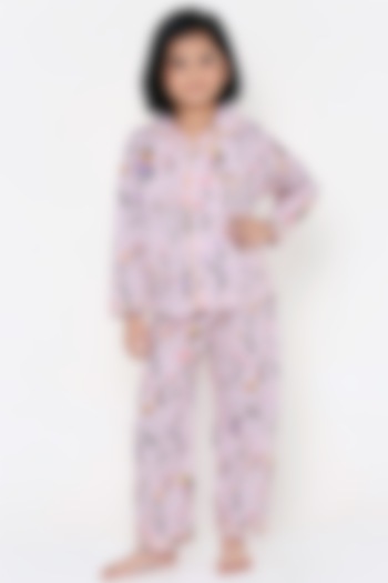 Dull Pink Printed Night Suit For Girls by Knitting doodles