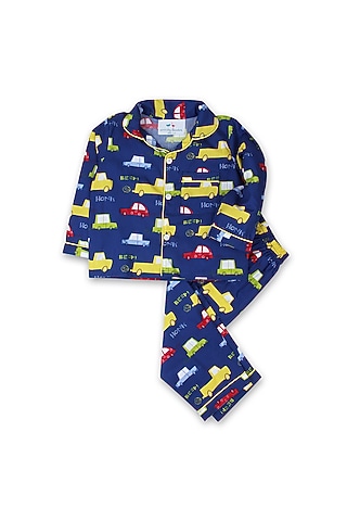 Cobalt Blue Printed Night Suit by Knitting doodles