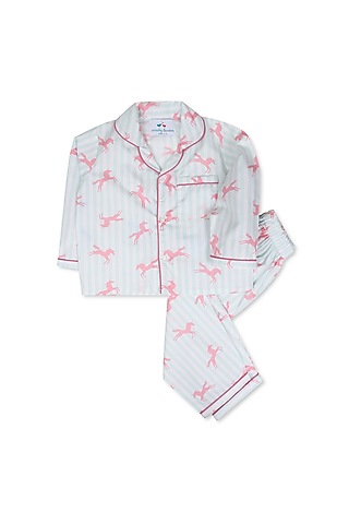 Powder Blue Printed Night Suit In Cotton Poplin For Girls by Knitting doodles
