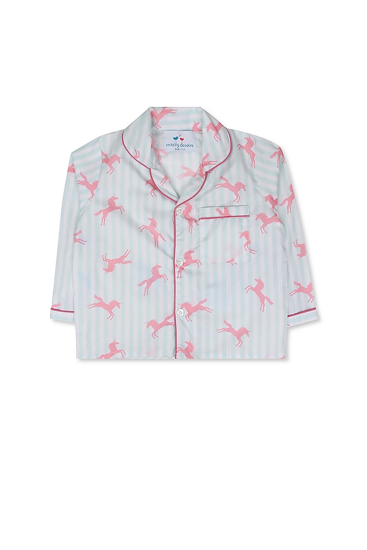Powder Blue Printed Night Suit In Cotton Poplin For Girls by Knitting doodles at Pernia's Pop Up Shop
