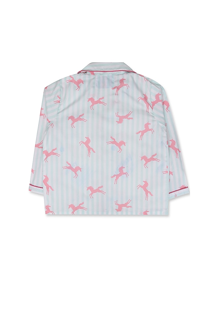 Powder Blue Printed Night Suit In Cotton Poplin For Girls by Knitting doodles at Pernia's Pop Up Shop