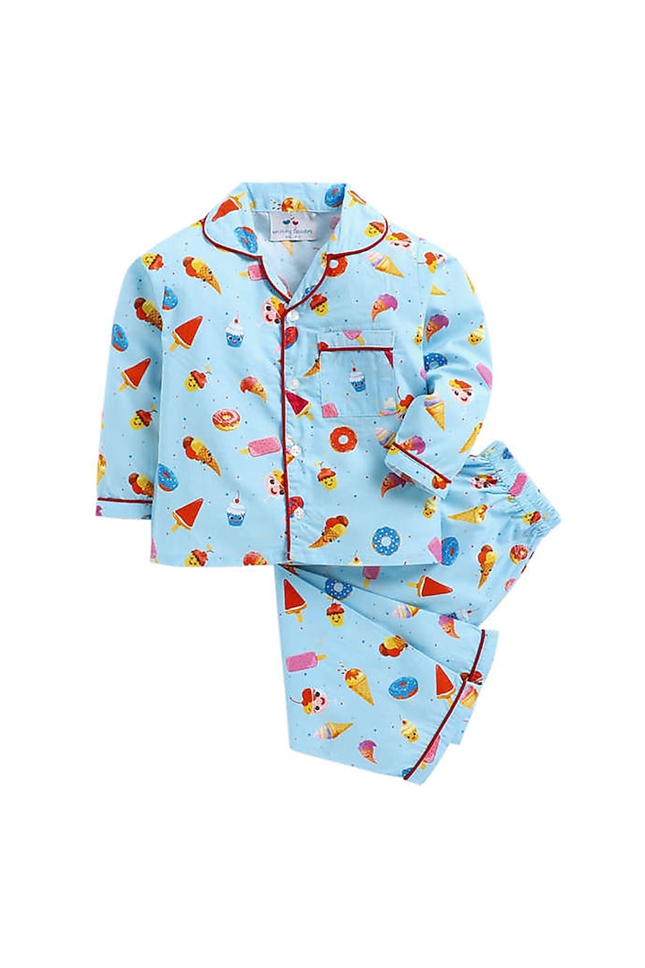 Powder Blue Night Suit With Print by Knitting doodles